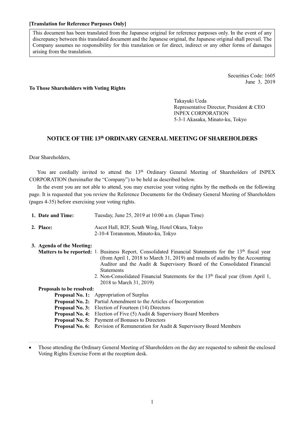 NOTICE of the 13Th ORDINARY GENERAL MEETING of SHAREHOLDERS
