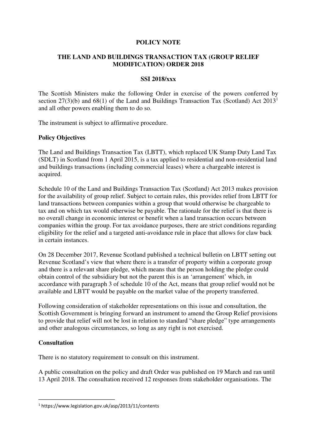 The Land and Buildings Transaction Tax (Group Relief Modification) (Scotland) Order 2018