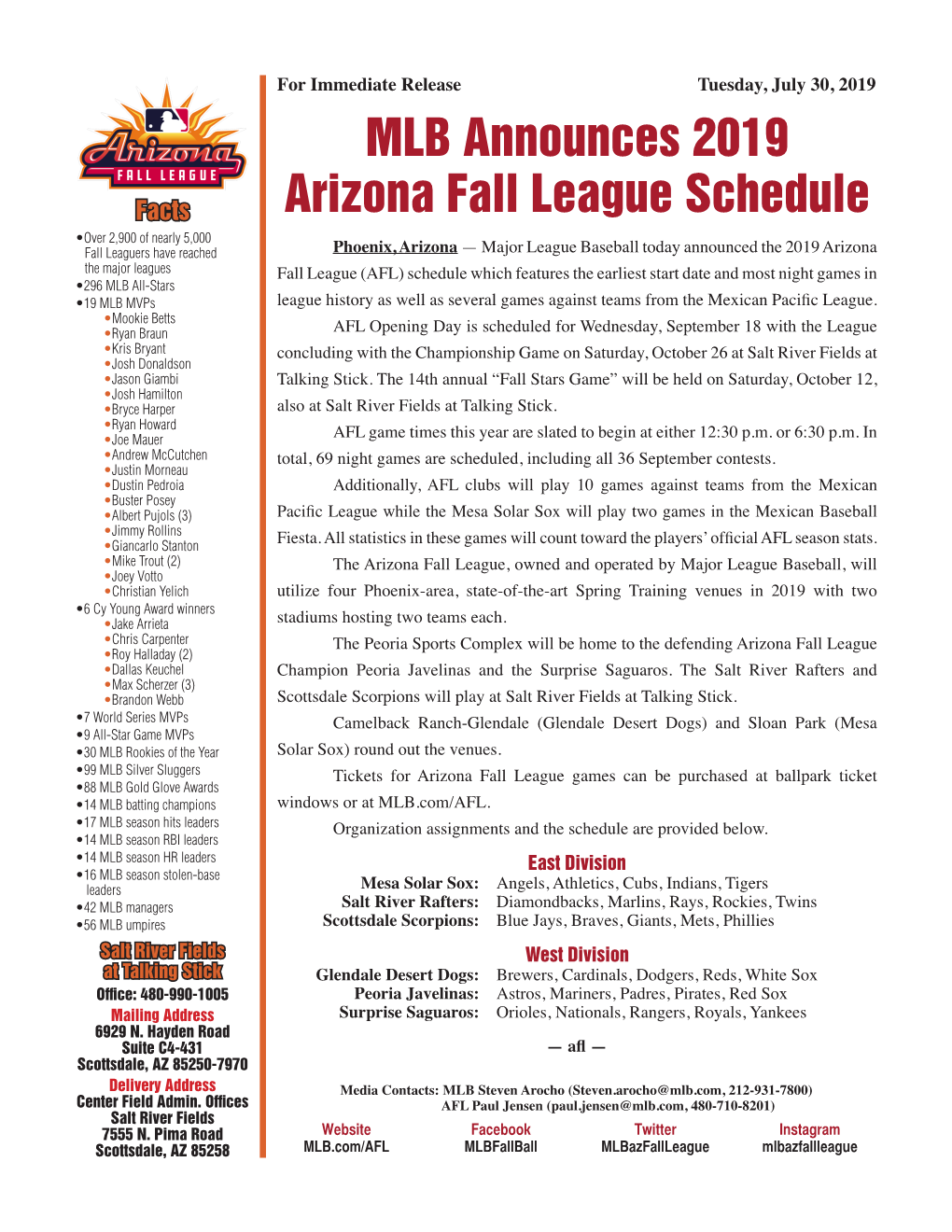 MLB Announces 2019 Arizona Fall League Schedule