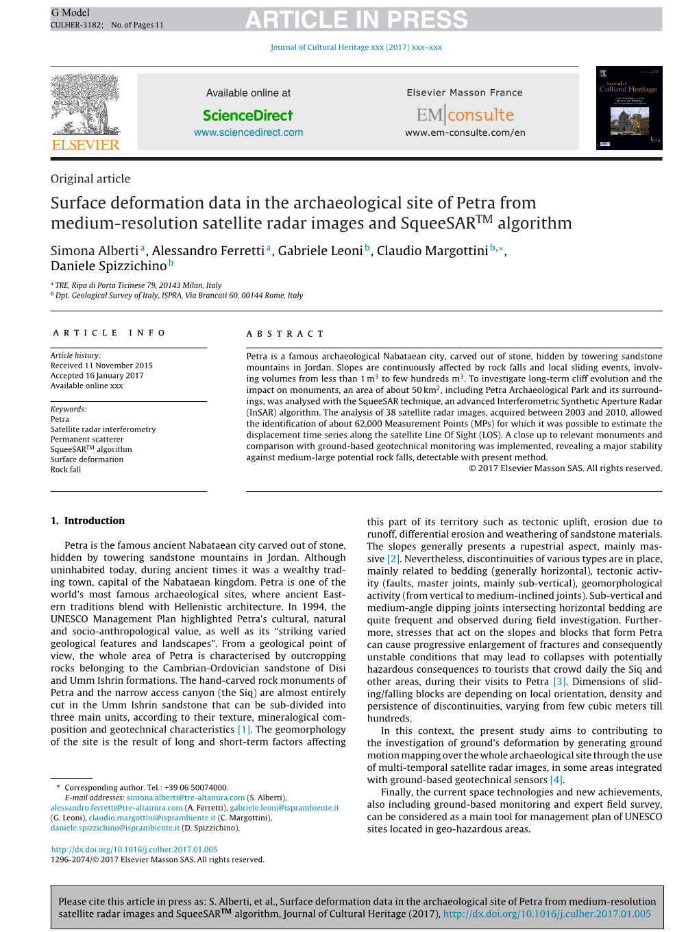 Surface Deformation Data in the Archaeological Site of Petra From