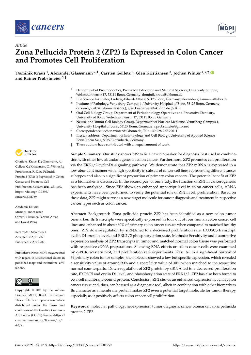 Zona Pellucida Protein 2 (ZP2) Is Expressed in Colon Cancer and Promotes Cell Proliferation