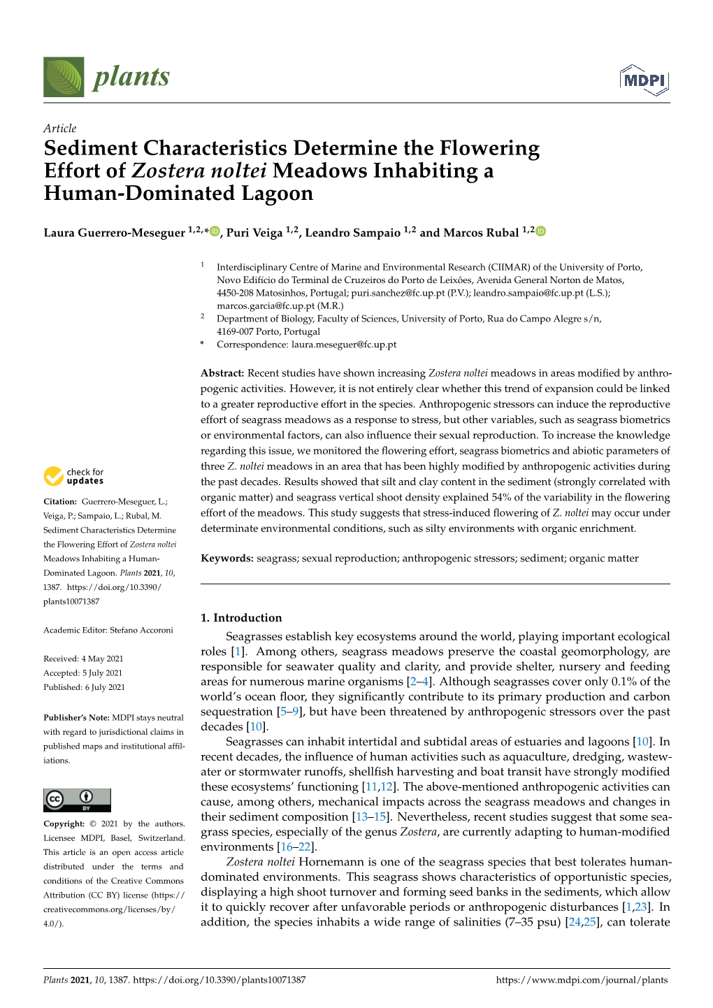 Sediment Characteristics Determine the Flowering Effort of Zostera Noltei Meadows Inhabiting a Human-Dominated Lagoon