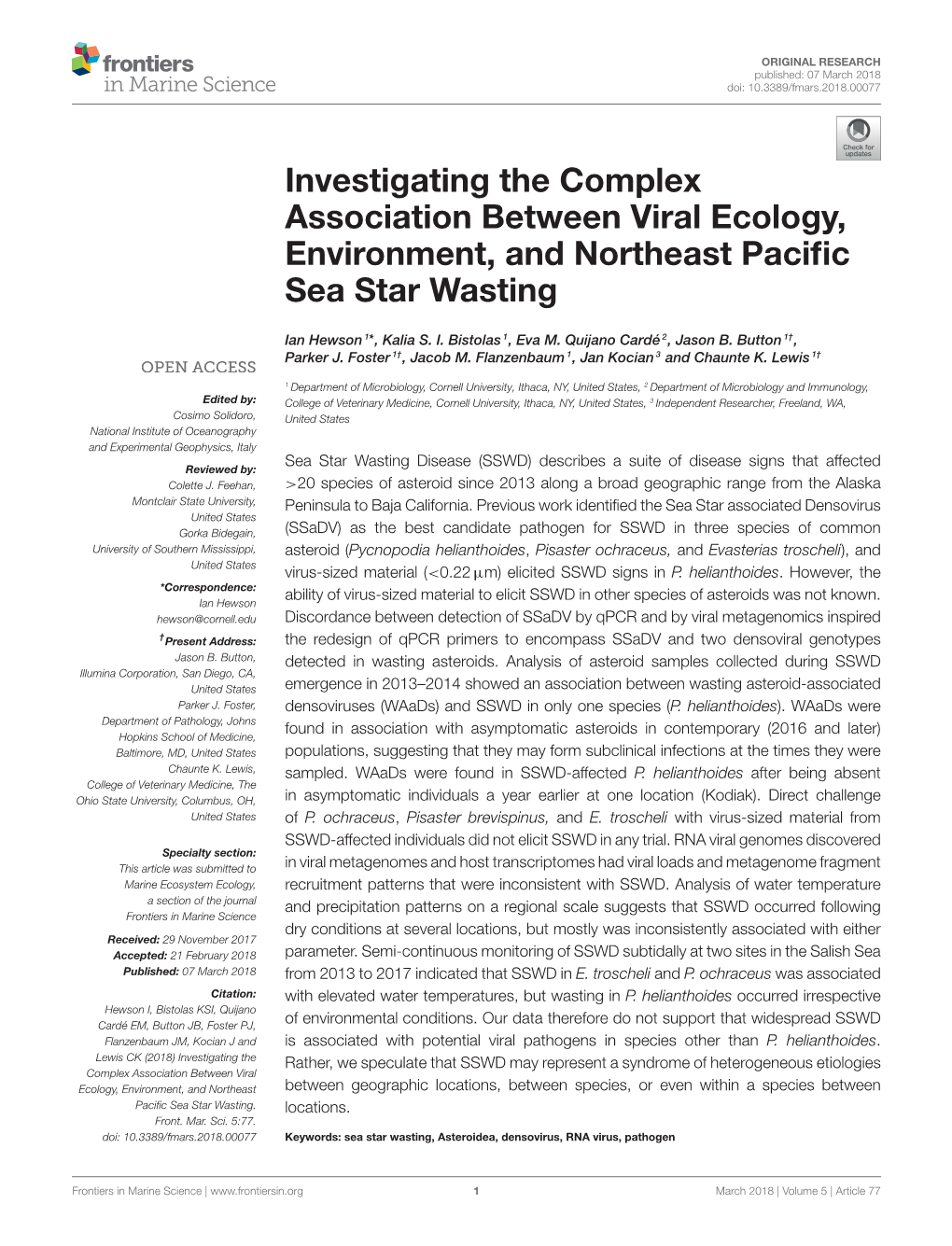 Investigating the Complex Association Between Viral Ecology, Environment, and Northeast Paciﬁc Sea Star Wasting