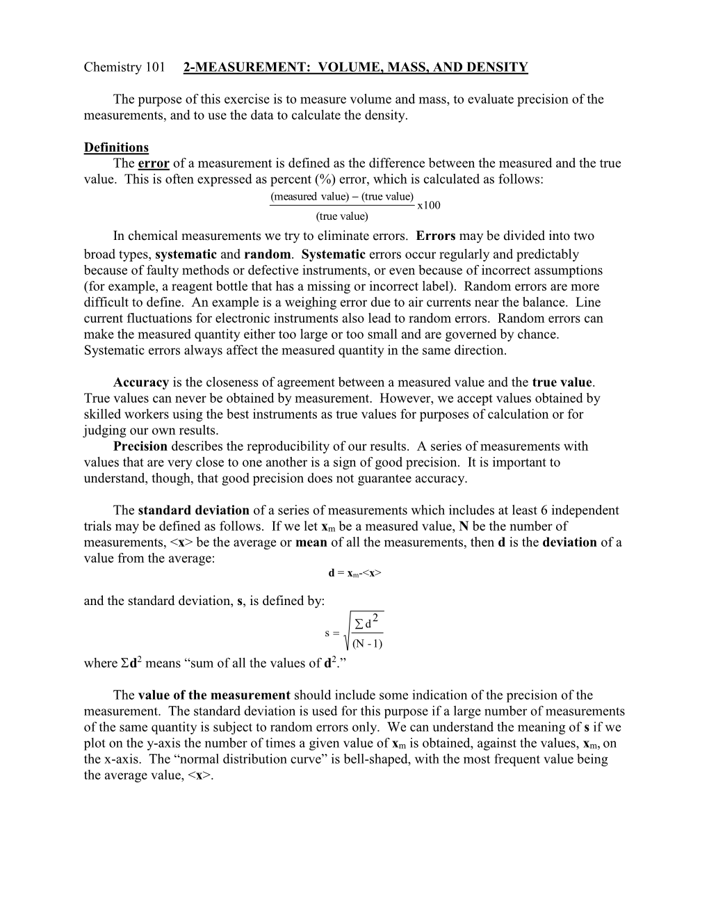 Chemistry 101 2-MEASUREMENT: VOLUME, MASS, and DENSITY