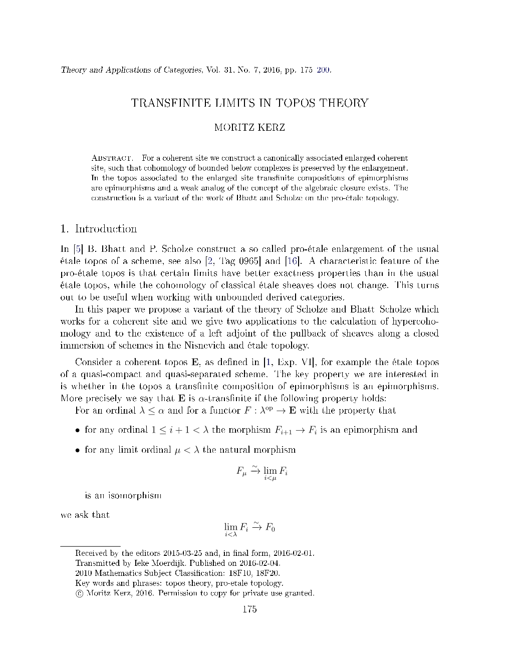 TRANSFINITE LIMITS in TOPOS THEORY 1. Introduction