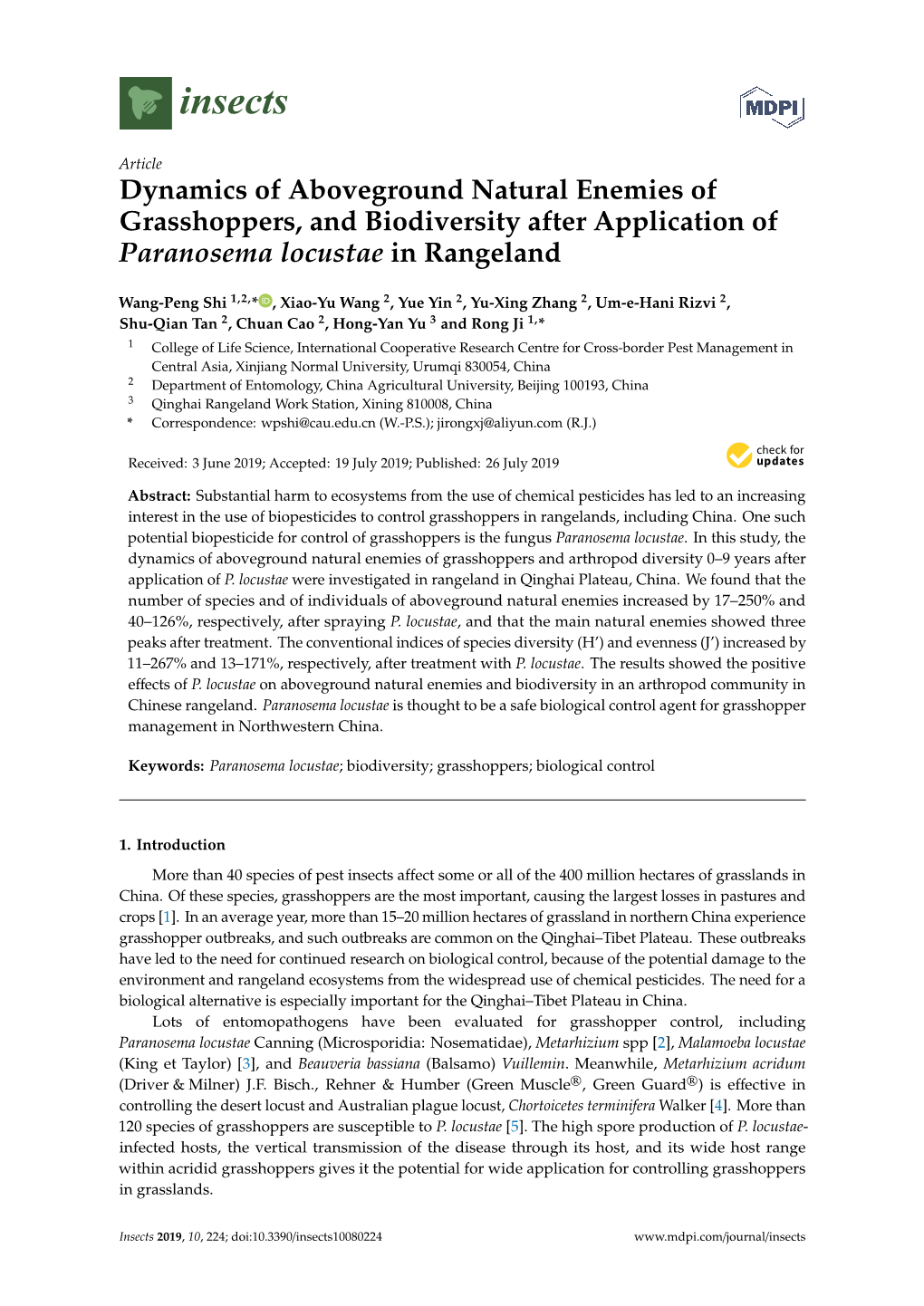 Dynamics of Aboveground Natural Enemies of Grasshoppers, and Biodiversity After Application of Paranosema Locustae in Rangeland