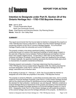 Intention to Designate Under Part IV, Section 29 of the Ontario Heritage Act – 1783-1785 Bayview Avenue