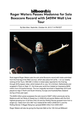 Roger Waters Passes Madonna for Solo Boxscore Record with $459M Wall Live Tour