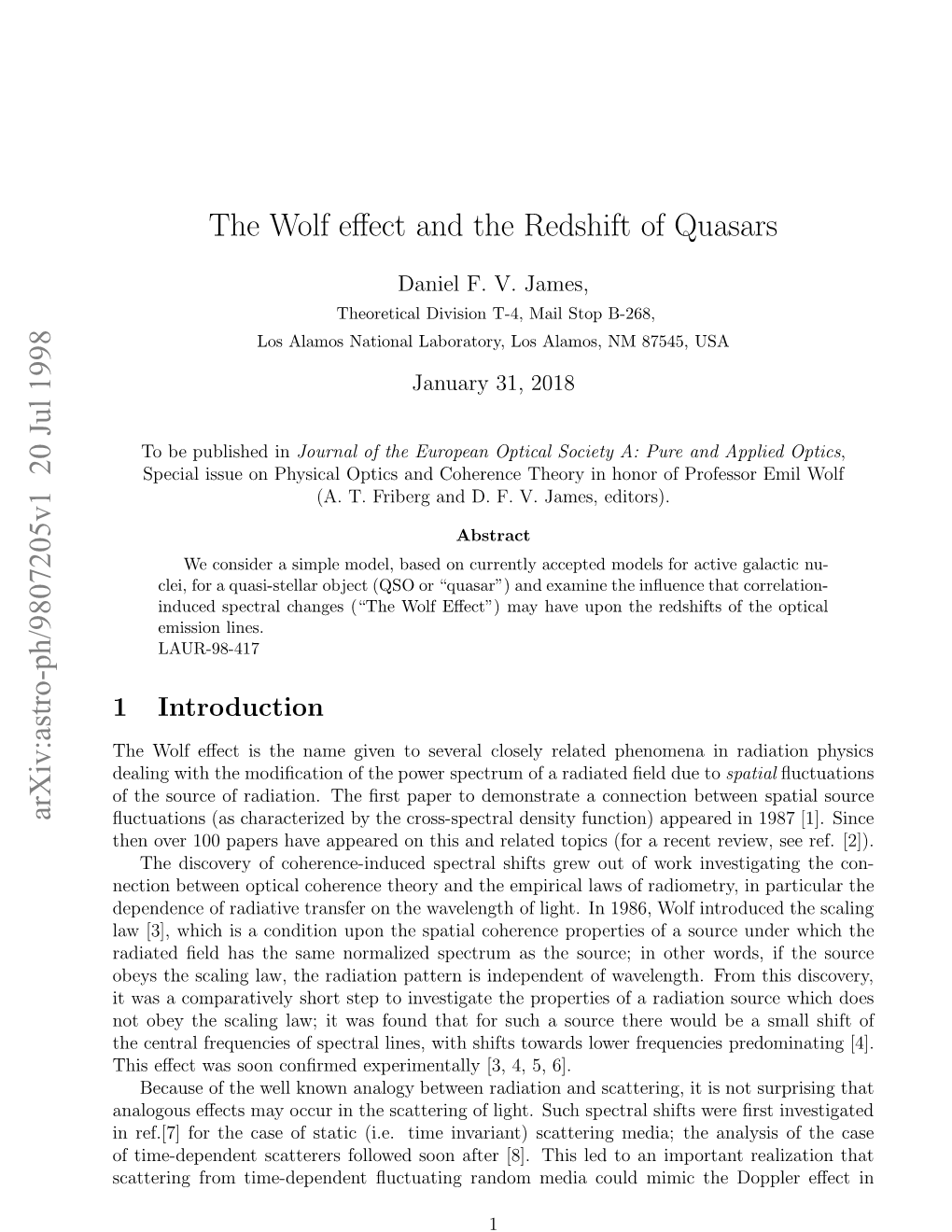 Arxiv:Astro-Ph/9807205V1 20 Jul 1998 the Wolf Effect and the Redshift of Quasars