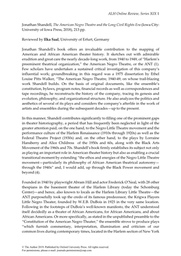 ALH Online Review, Series XIX 1 Jonathan Shandell, the American Negro Theatre and the Long Civil Rights Era (Iowa City: Universi