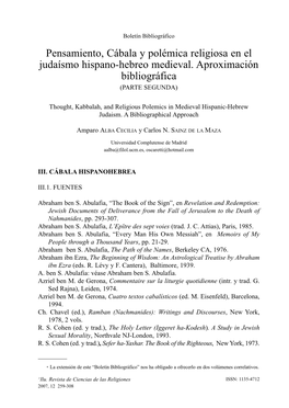 Pensamiento, Cábala Y Polémica Religiosa En El Judaísmo Hispano-Hebreo Medieval. Aproximación Bibliográfica (PARTE SEGUNDA)
