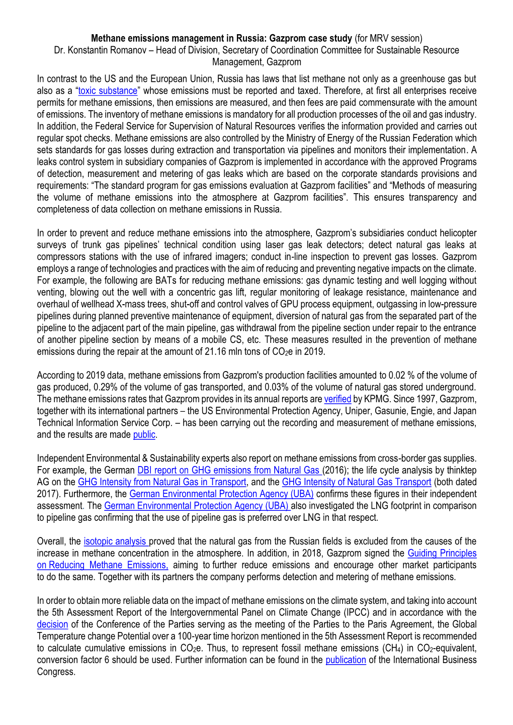 Methane Emissions Management in Russia: Gazprom Case Study (For MRV Session) Dr