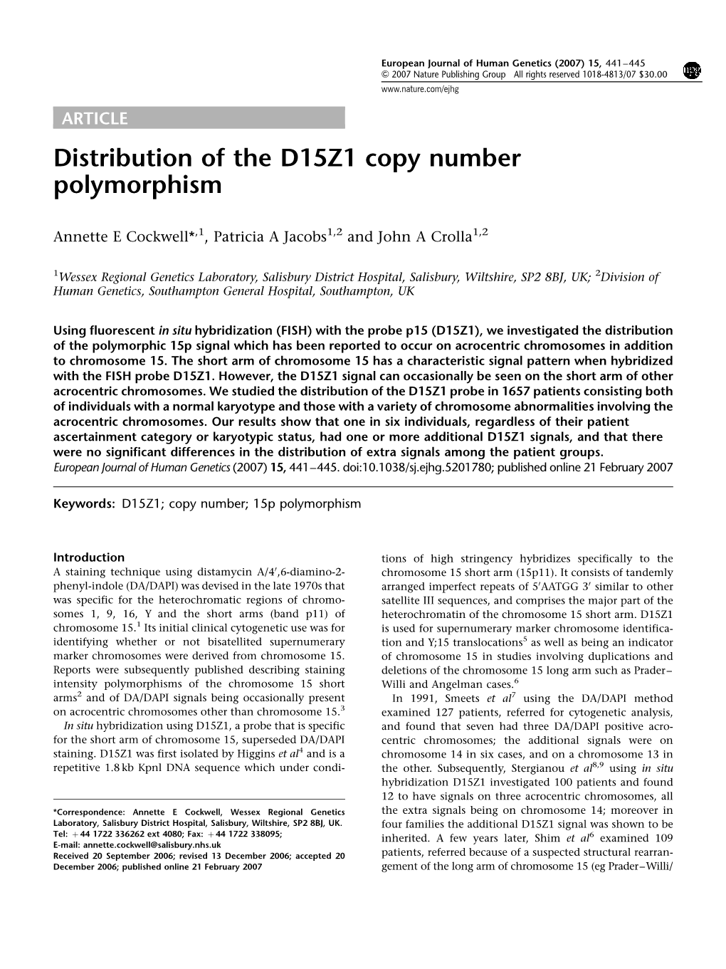 Distribution of the D15Z1 Copy Number Polymorphism