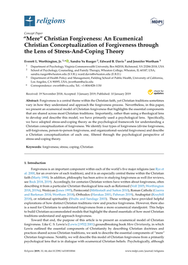 Christian Forgiveness: an Ecumenical Christian Conceptualization of Forgiveness Through the Lens of Stress-And-Coping Theory
