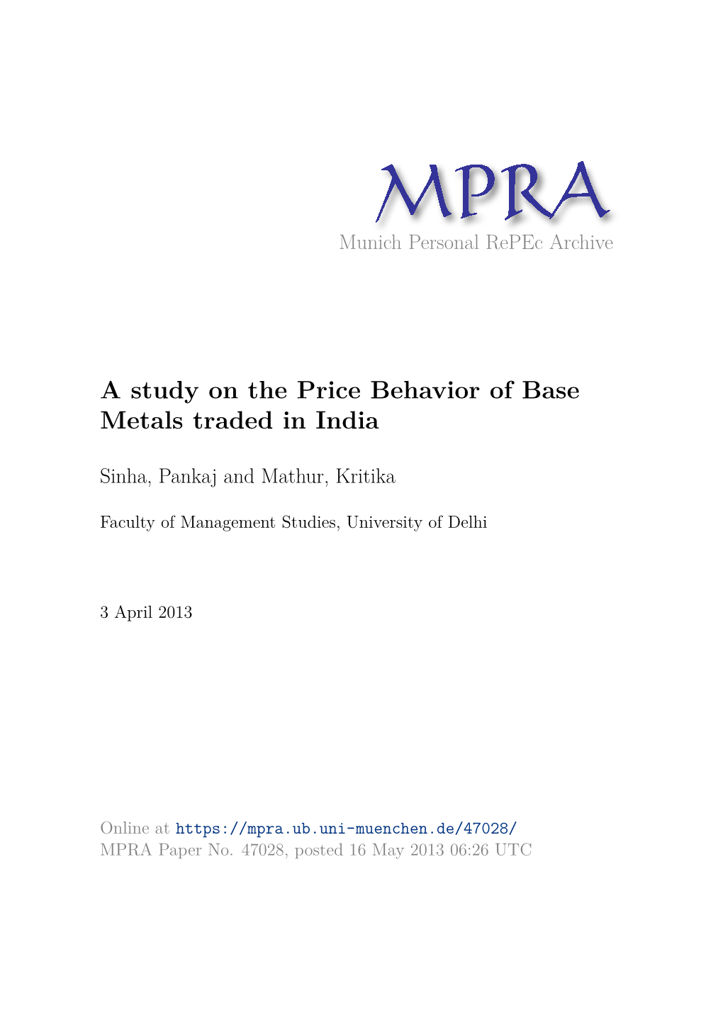 A Study on the Price Behavior of Base Metals Traded in India