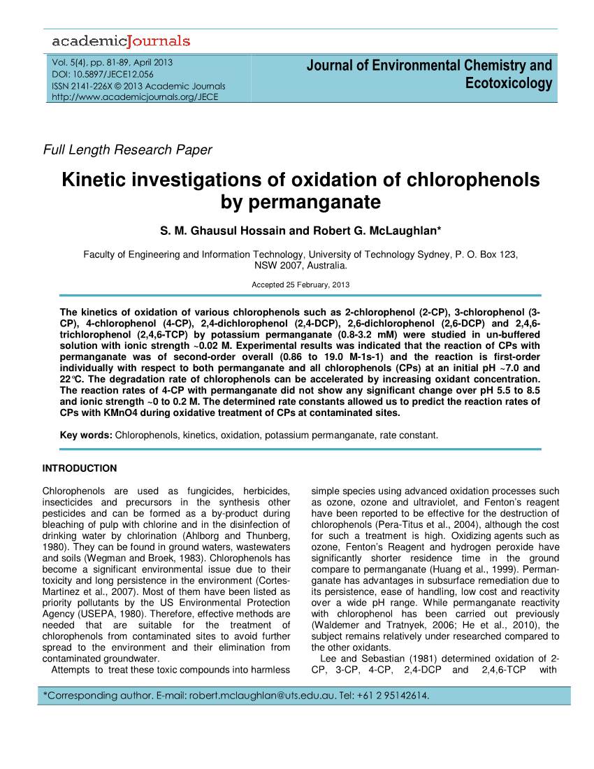 Kinetic Investigations of Oxidation of Chlorophenols by Permanganate