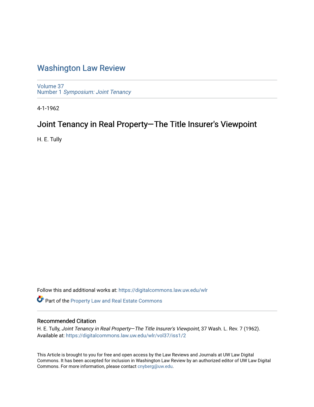 Joint Tenancy in Real Propertyâ•Flthe Title Insurer's Viewpoint