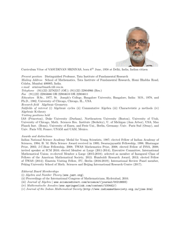 Curriculum Vitae of VASUDEVAN SRINIVAS, Born 6Th June, 1958 at Delhi, India, Indian Citizen