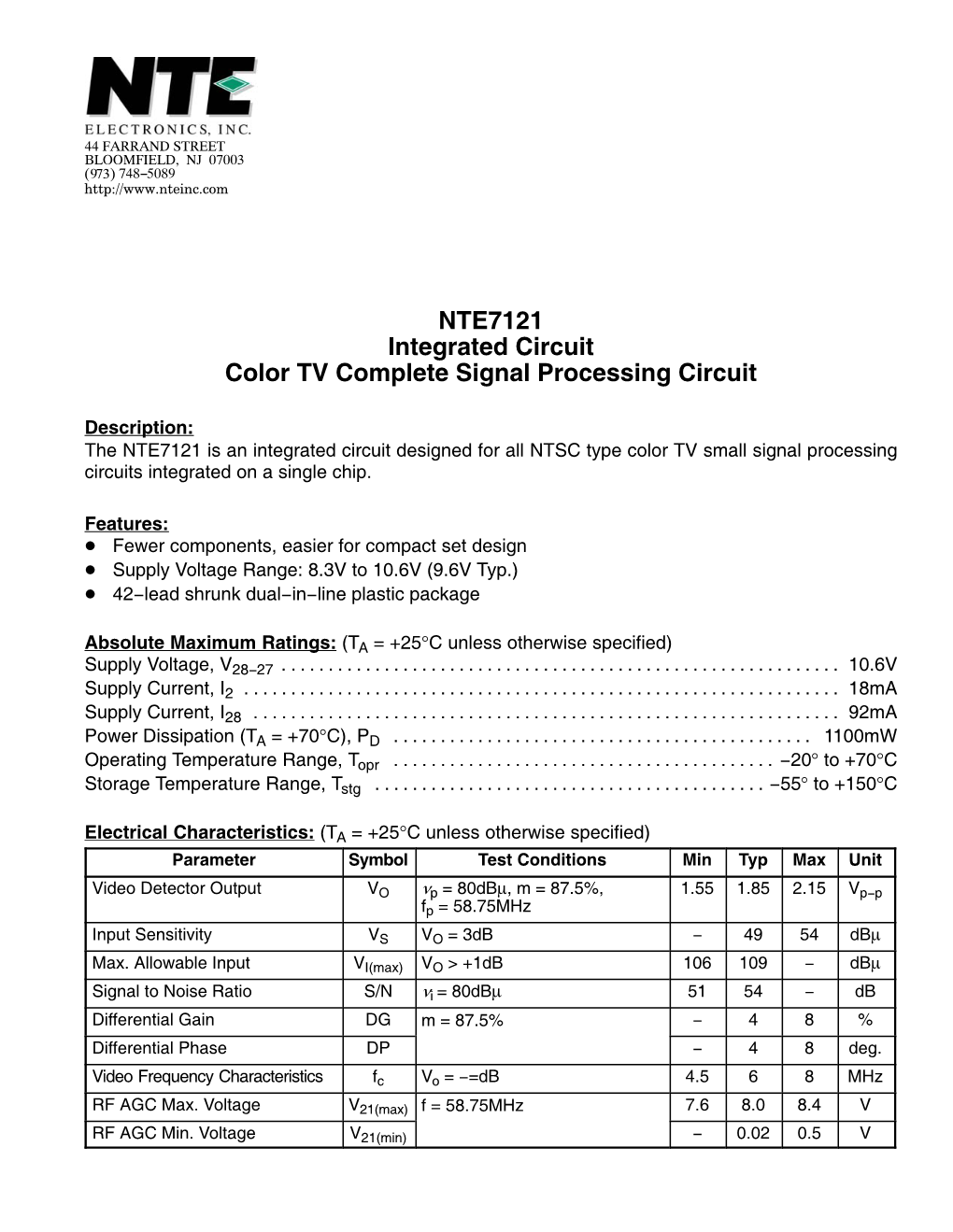 NTE7121 Integrated Circuit Color TV Complete Signal Processing Circuit