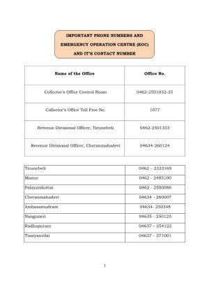IMPORTANT PHONE NUMBERS and EMERGENCY OPERATION CENTRE (EOC) and IT's CONTACT NUMBER Tirunelveli 0462 – 2333169 Manur 0462