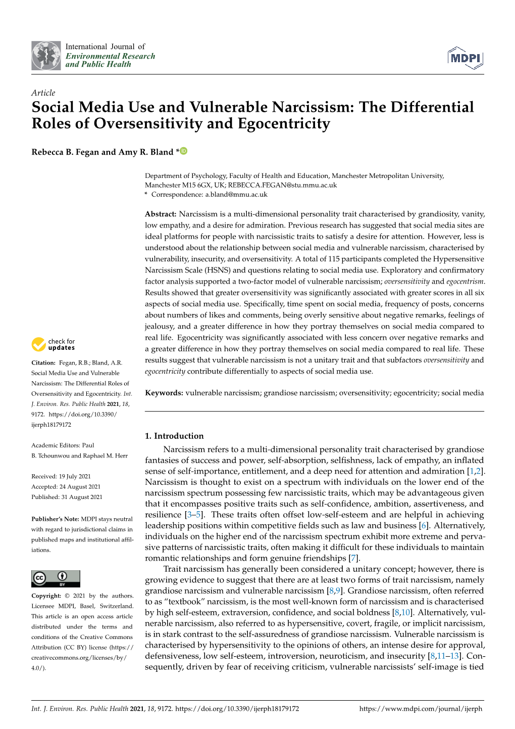 Social Media Use and Vulnerable Narcissism: the Differential Roles of Oversensitivity and Egocentricity