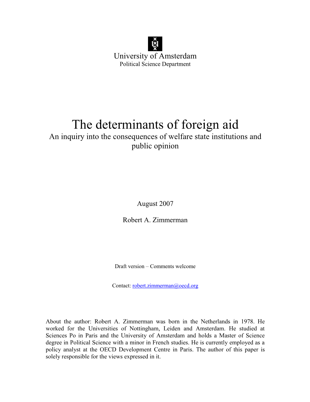The Determinants of Foreign Aid an Inquiry Into the Consequences of Welfare State Institutions and Public Opinion