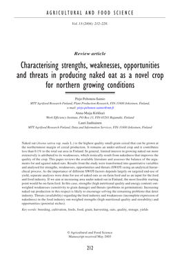 Characterising Strengths, Weaknesses, Opportunities and Threats in Producing Naked Oat As a Novel Crop for Northern Growing Conditions