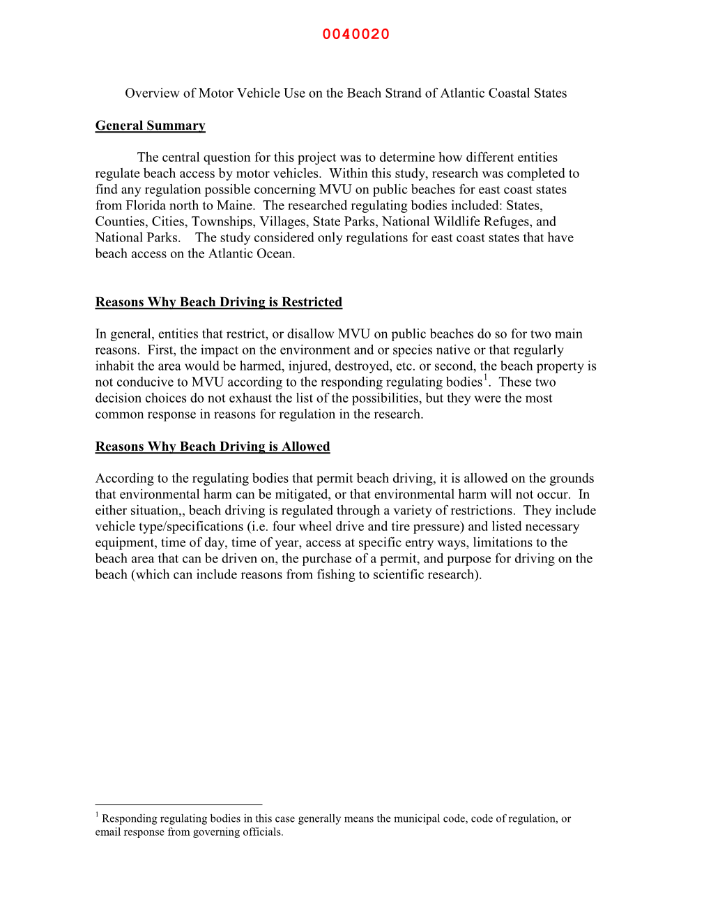 Overview of Motor Vehicle Use on the Beach Strand of Atlantic Coastal States