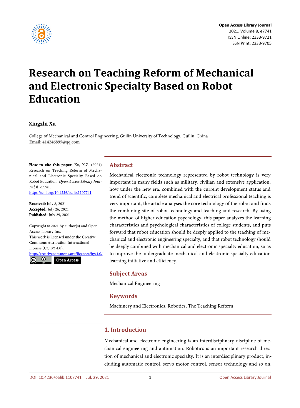 Research on Teaching Reform of Mechanical and Electronic Specialty Based on Robot Education