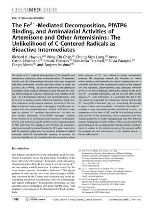 The Fe2+-Mediated Decomposition, Pfatp6 Binding, and Antimalarial Activities of Artemisone and Other Artemisinins: the Unlikelih