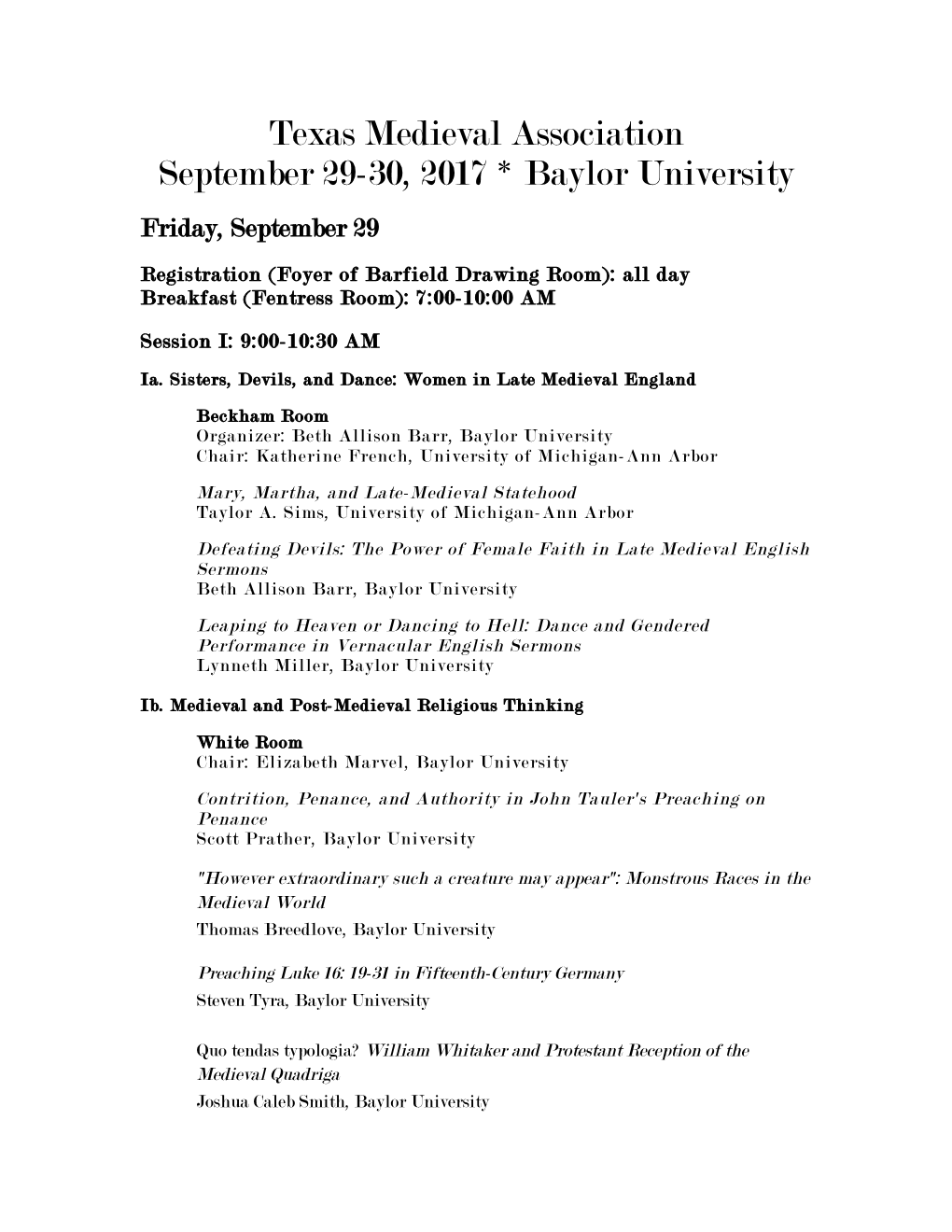 Texas Medieval Association September 29-30, 2017 * Baylor University