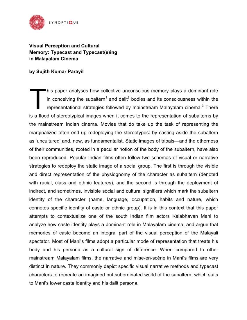 Visual Perception and Cultural Memory: Typecast and Typecast(E)Ing in Malayalam Cinema by Sujith Kumar Parayil