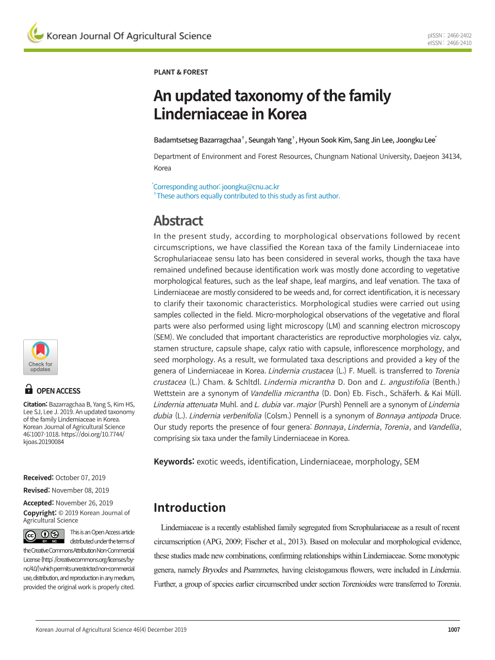 An Updated Taxonomy of the Family Linderniaceae in Korea