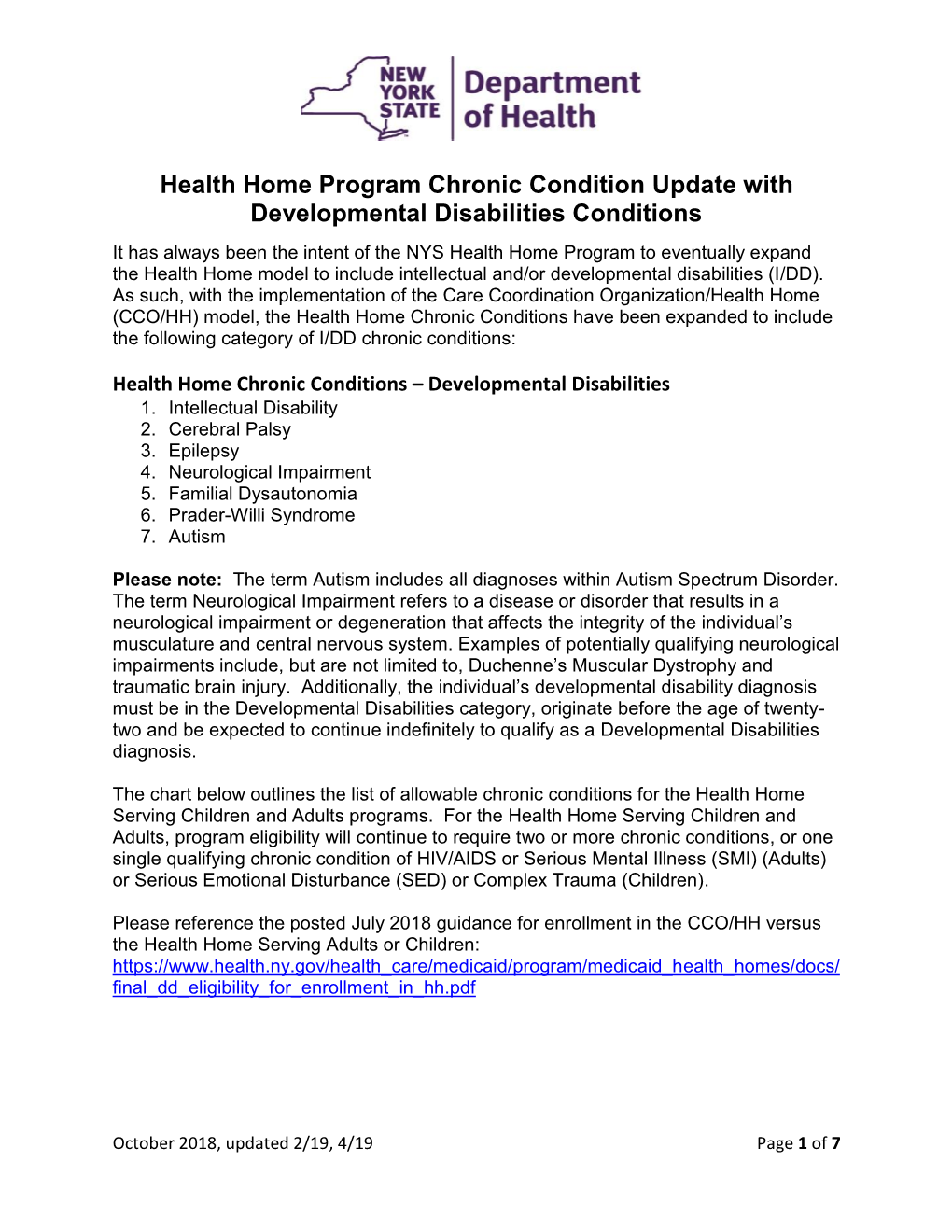 Health Home Program Chronic Condition Update With