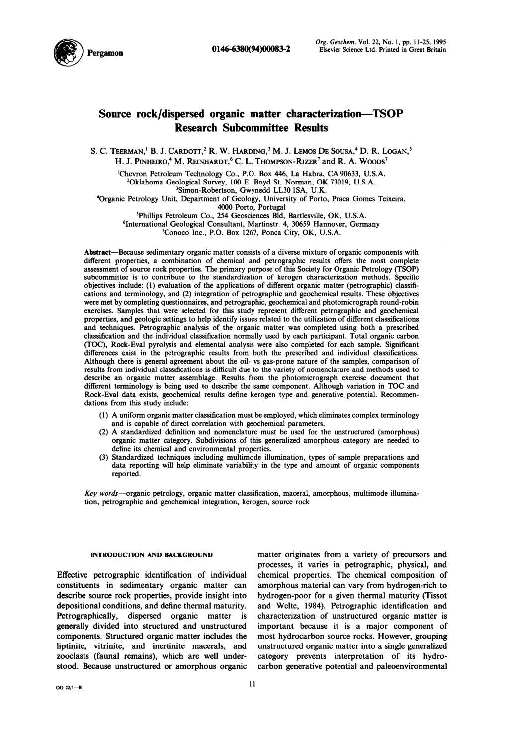 Source Rock/Dispersed Organic Matter Characterization---TSOP Research Subcommittee Results