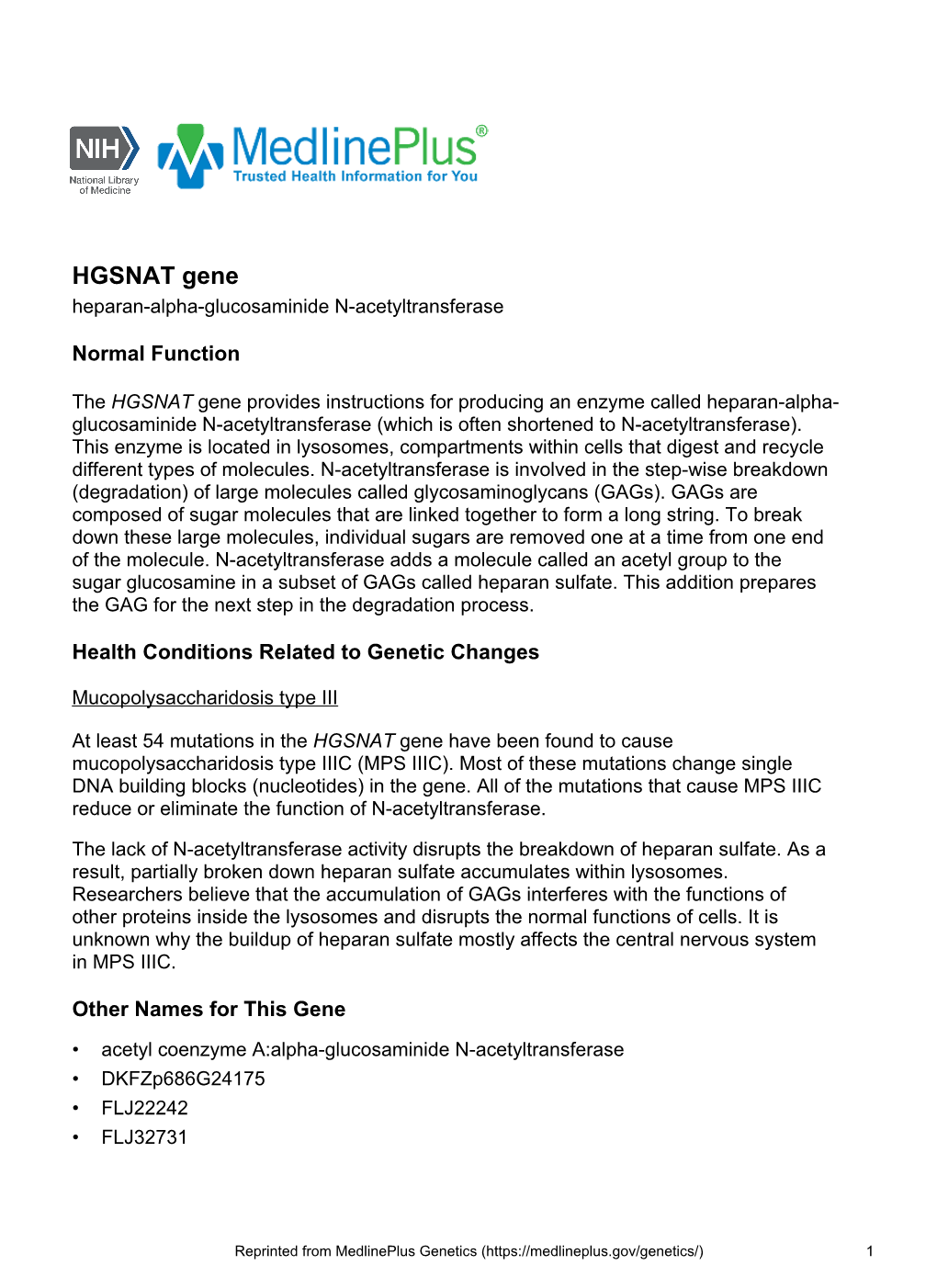 HGSNAT Gene Heparan-Alpha-Glucosaminide N-Acetyltransferase