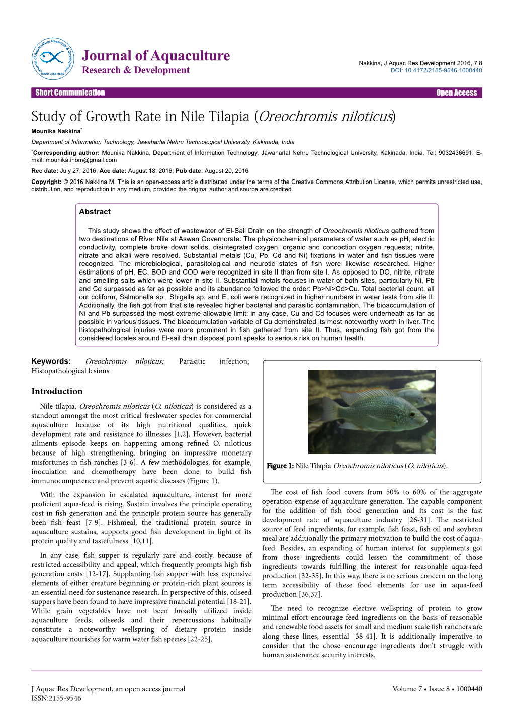 Study of Growth Rate in Nile Tilapia (Oreochromis Niloticus)