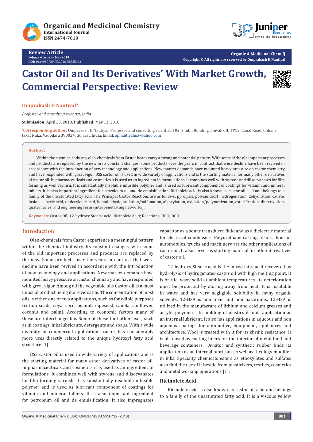 Castor Oil and Its Derivatives' with Market Growth, Commercial Perspective: Review