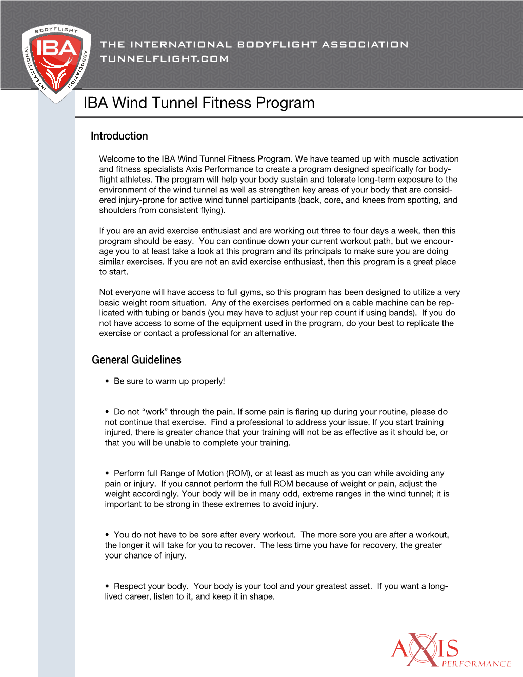 IBA Wind Tunnel Fitness Program