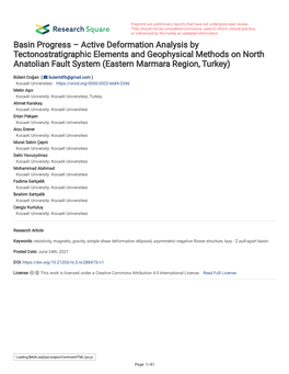 Active Deformation Analysis by Tectonostratigraphic Elements and Geophysical Methods on North Anatolian Fault System (Eastern Marmara Region, Turkey)