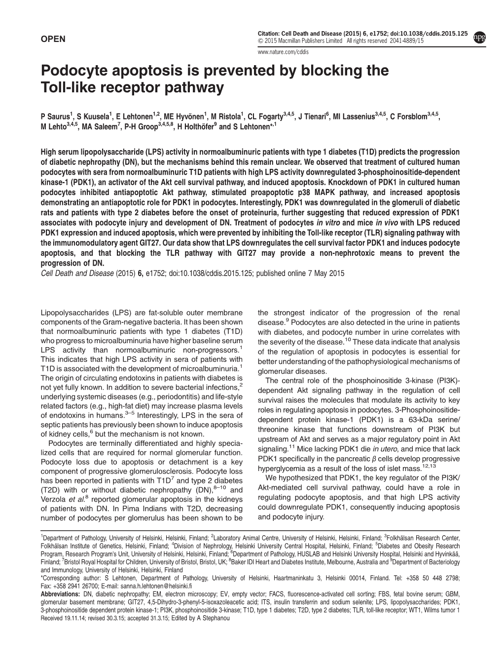 Podocyte Apoptosis Is Prevented by Blocking the Toll-Like Receptor Pathway