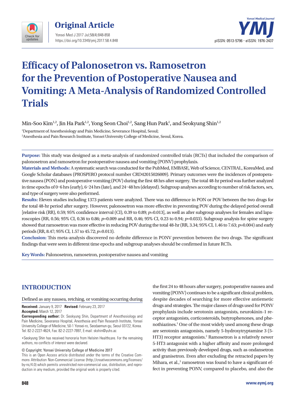 Efficacy of Palonosetron Vs. Ramosetron for the Prevention of Postoperative Nausea and Vomiting: a Meta-Analysis of Randomized Controlled Trials