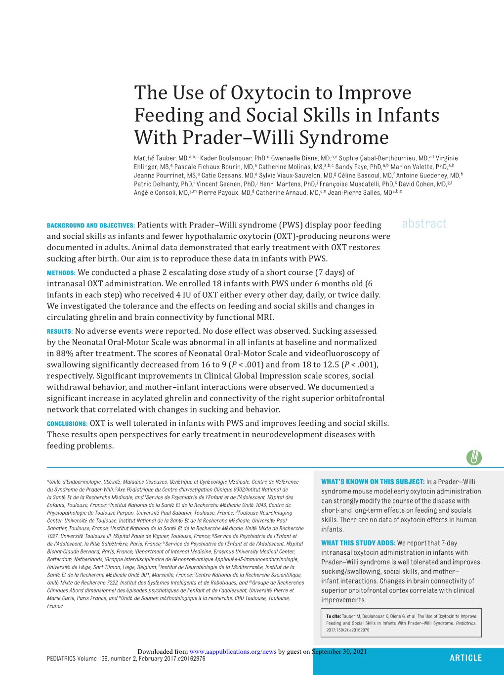 The Use of Oxytocin to Improve Feeding and Social Skills in Infants