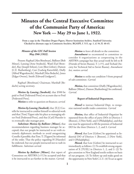 Minutes of the Central Executive Committee of the Communist Party of America: New York — May 29 to June 1, 1922