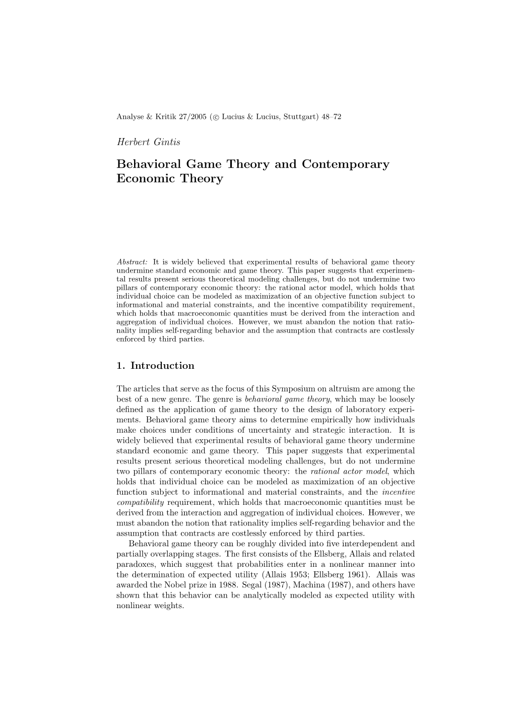 Behavioral Game Theory and Contemporary Economic Theory
