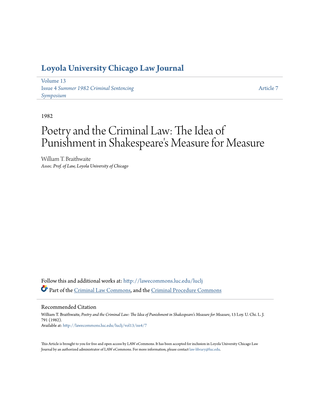 The Idea of Punishment in Shakespeare's Measure for Measure, 13 Loy