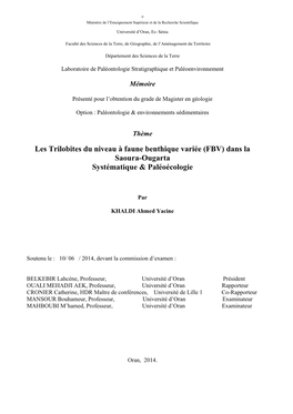 Les Trilobites Du Niveau À Faune Benthique Variée (FBV) Dans La Saoura-Ougarta Systématique & Paléoécologie