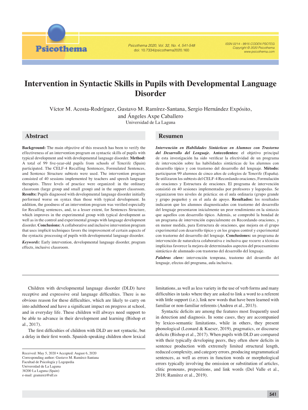 Intervention in Syntactic Skills in Pupils with Developmental Language Disorder