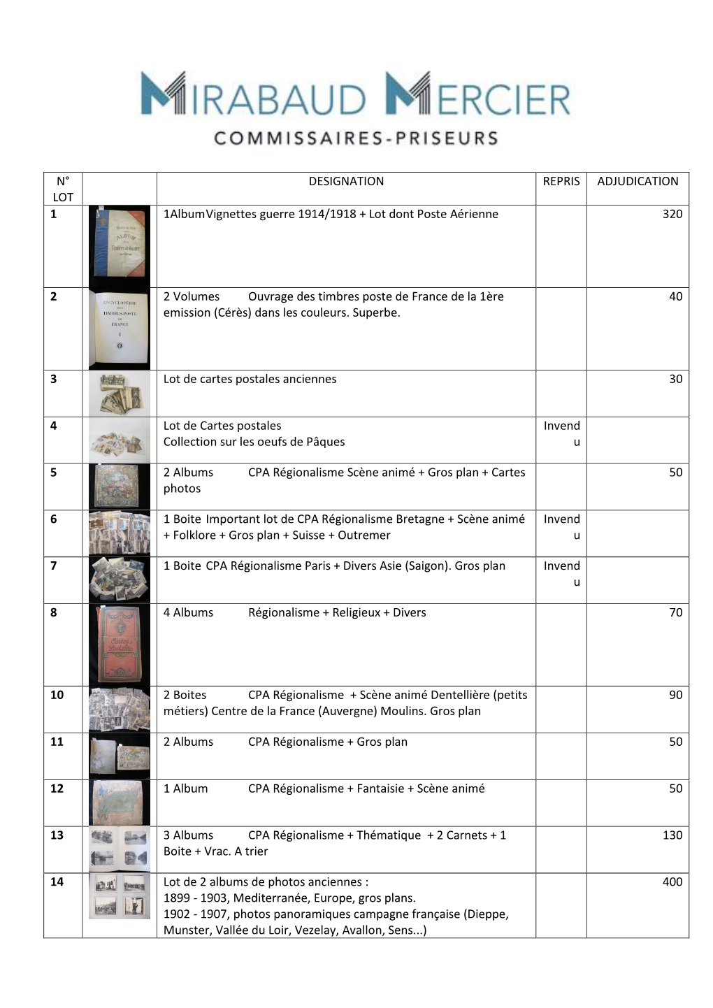 N° LOT DESIGNATION REPRIS ADJUDICATION 1 1Album