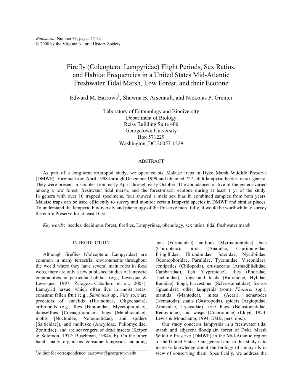 Firefly (Coleoptera: Lampyridae) Flight Periods, Sex Ratios, and Habitat